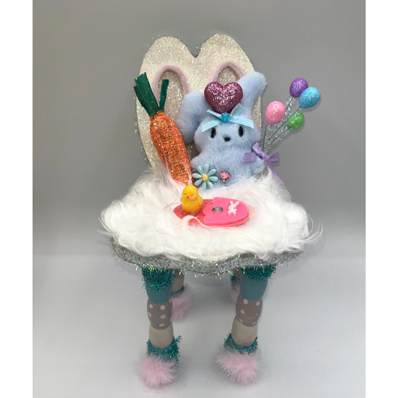 Unbranded Other - Vintage Wooden Easter Bunny Chair Faux Fur Blue Bunny Egg Balloons Deb O. OOAK